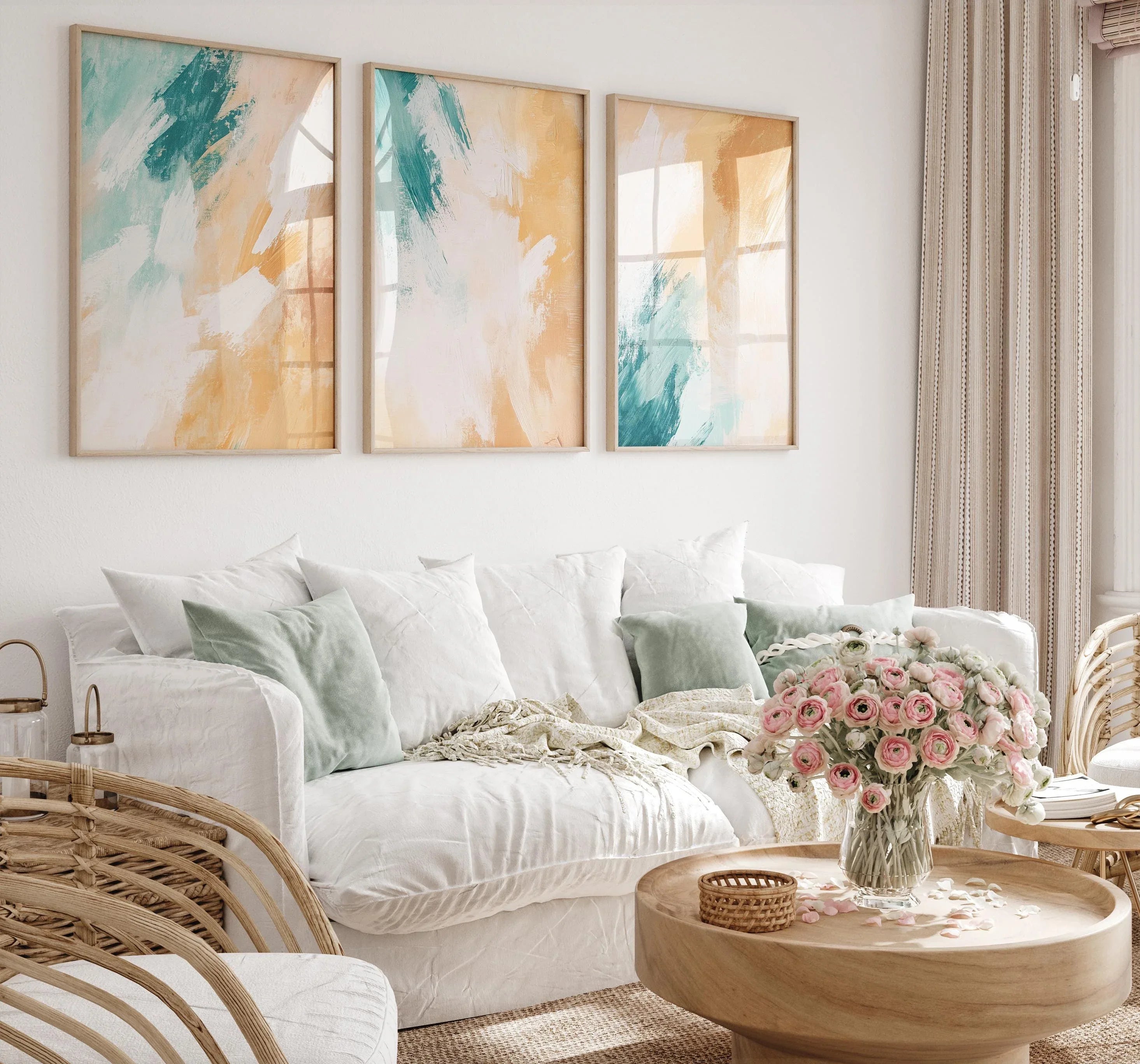 Teal and mustard abstract brushstroke triptych wall art – bold modern set of 3 for contemporary homes, Black frame