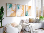 Teal and mustard abstract brushstroke triptych wall art – bold modern set of 3 for contemporary homes, Dark Wood frame