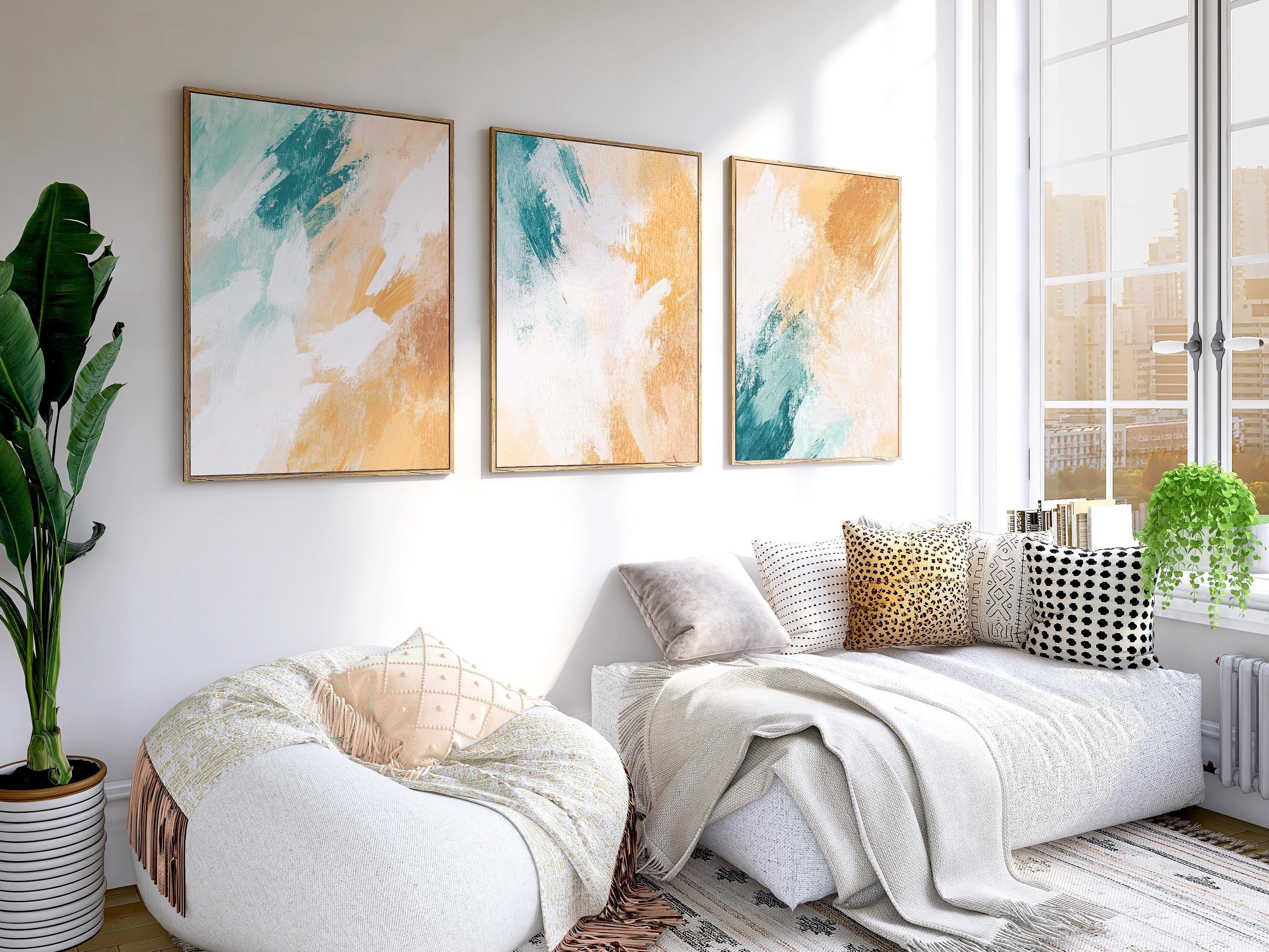 Teal and mustard abstract brushstroke triptych wall art – bold modern set of 3 for contemporary homes, Dark Wood frame