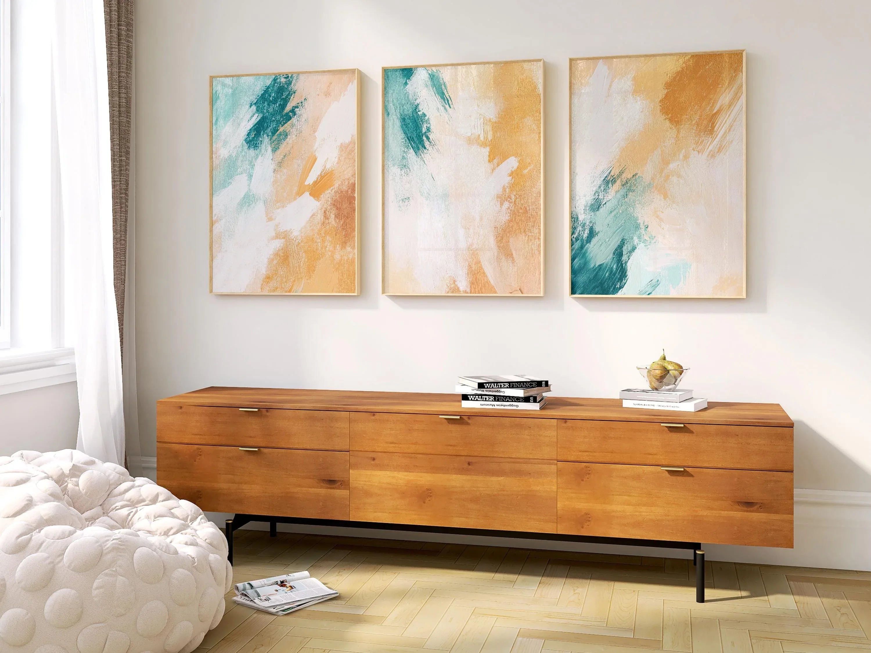 Teal and mustard abstract brushstroke triptych wall art – bold modern set of 3 for contemporary homes, unframed