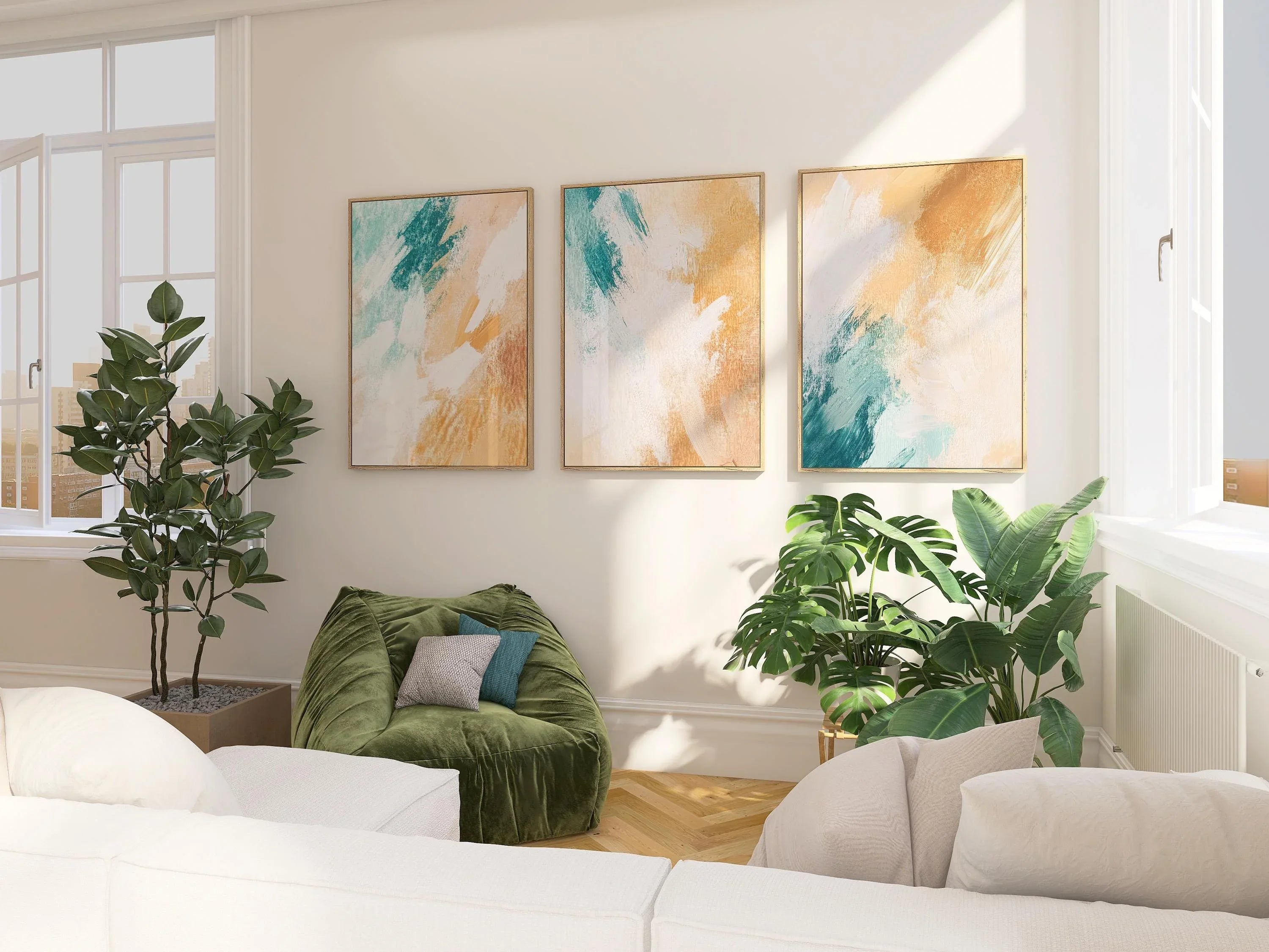 Teal and mustard abstract brushstroke triptych wall art – bold modern set of 3 for contemporary homes, Black frame