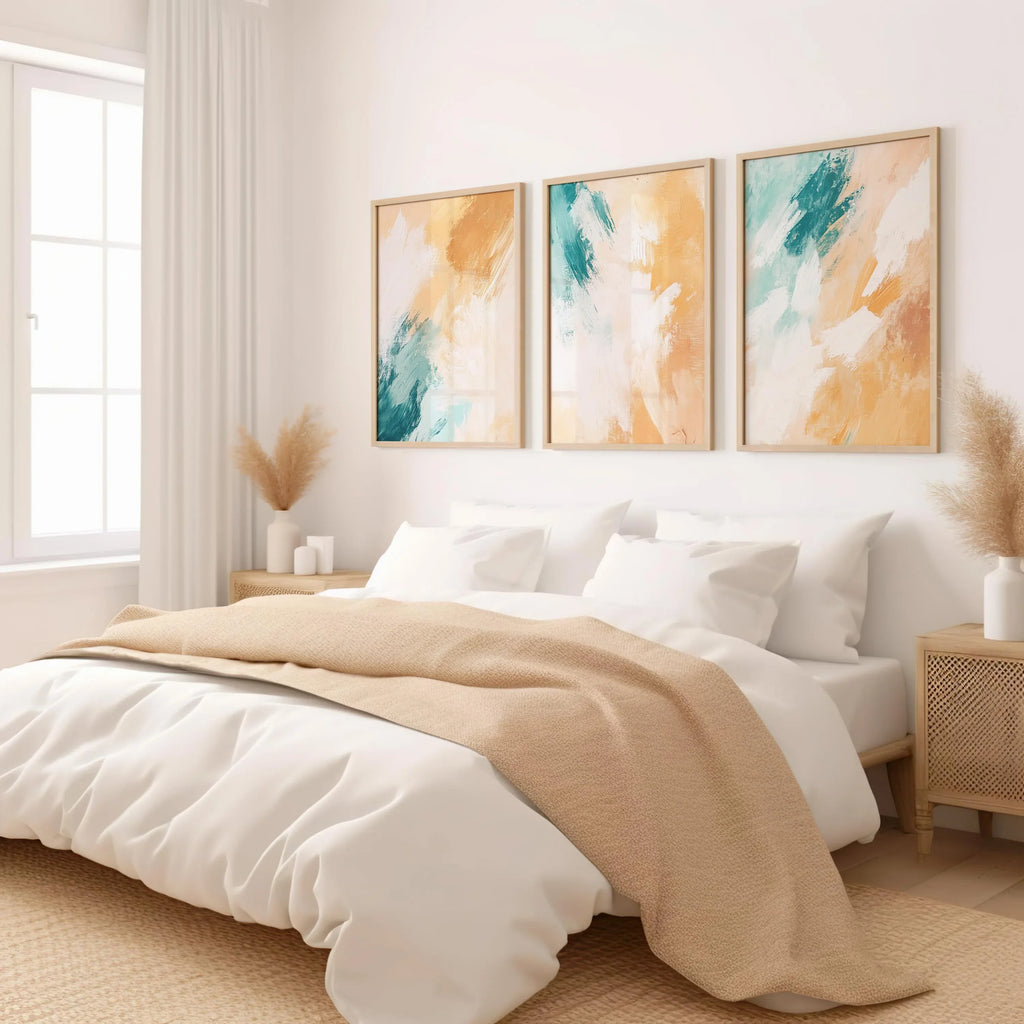 Teal and mustard abstract brushstroke triptych wall art – bold modern set of 3 for contemporary homes, Dark Wood frame