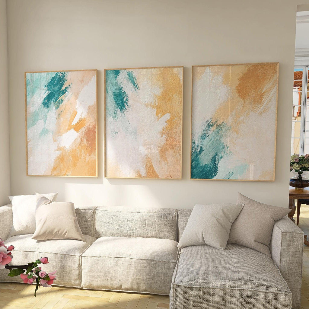 Teal and mustard abstract brushstroke triptych wall art – bold modern set of 3 for contemporary homes, Natural Wood frame