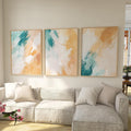 Teal and mustard abstract brushstroke triptych wall art – bold modern set of 3 for contemporary homes, Natural Wood frame