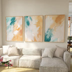 Teal and mustard abstract brushstroke triptych wall art – bold modern set of 3 for contemporary homes, Natural Wood frame