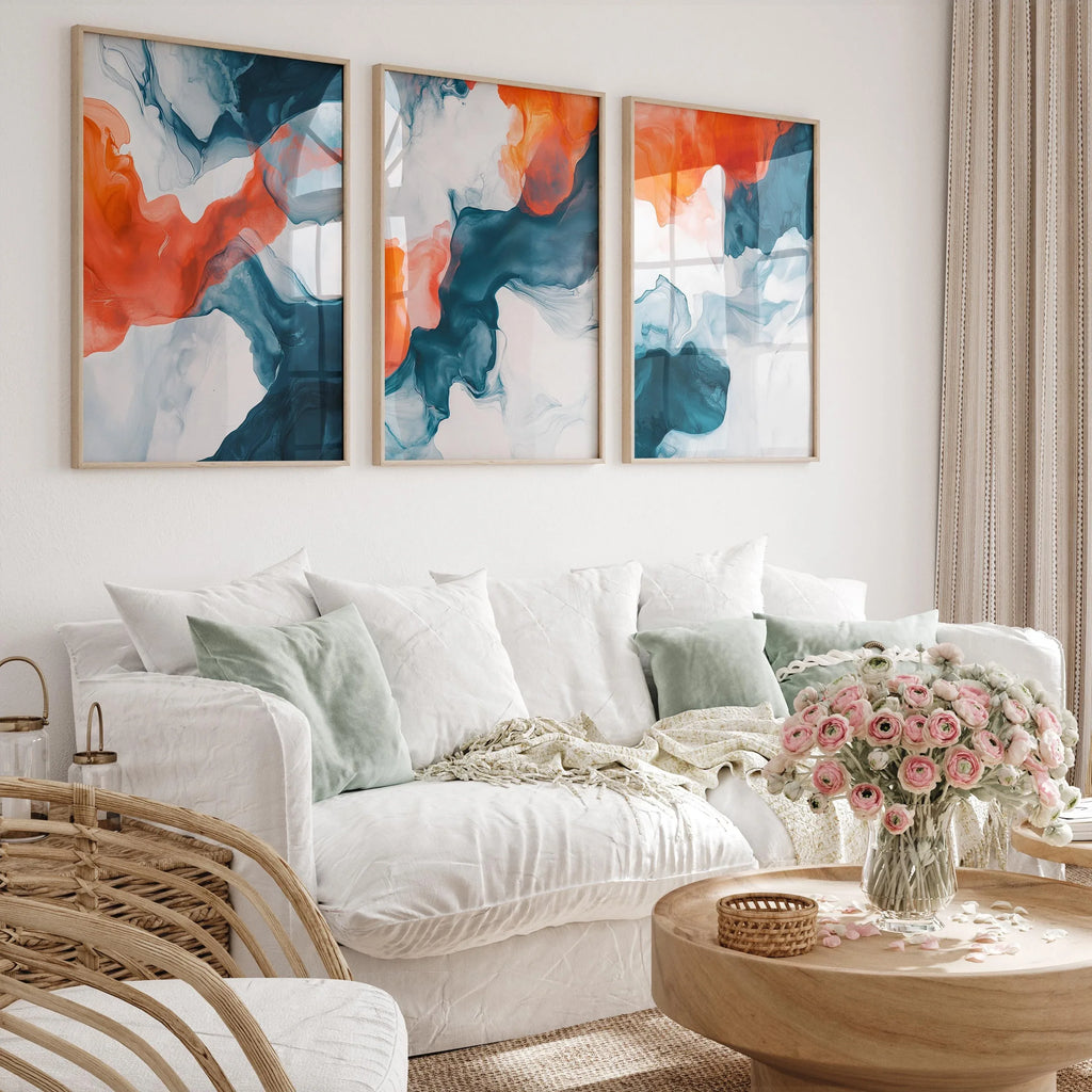 Teal and orange abstract fluid art set of 3 – modern marble-inspired wall decor panels, Black frame