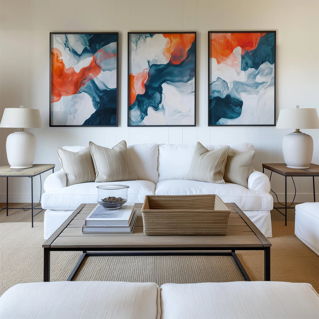 Teal and orange abstract fluid art set of 3 – modern marble-inspired wall decor panels, Dark Wood frame