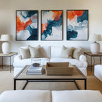 Teal and orange abstract fluid art set of 3 – modern marble-inspired wall decor panels, Dark Wood frame