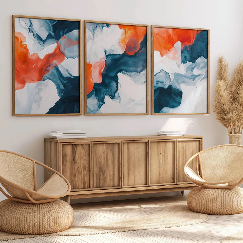 Teal and orange abstract fluid art set of 3 – modern marble-inspired wall decor panels, unframed