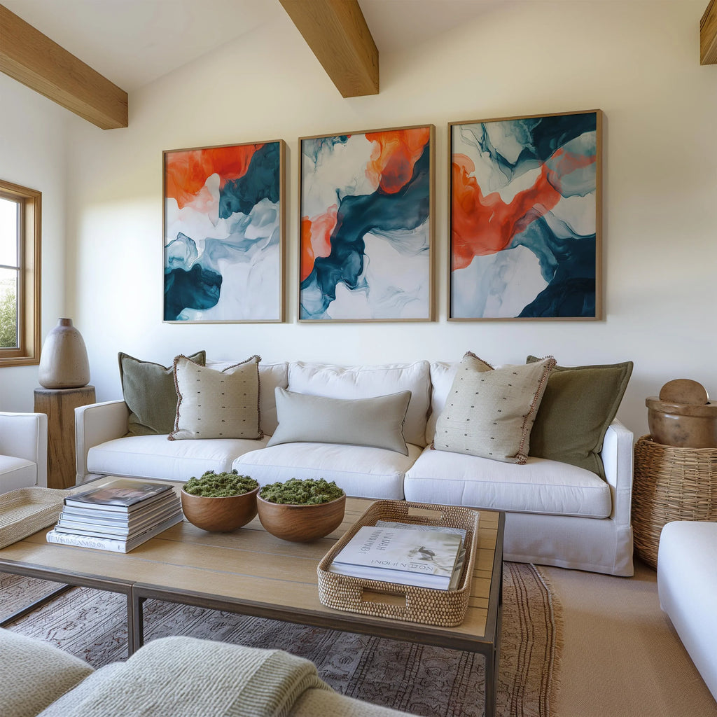 Teal and orange abstract fluid art set of 3 – modern marble-inspired wall decor panels, White frame