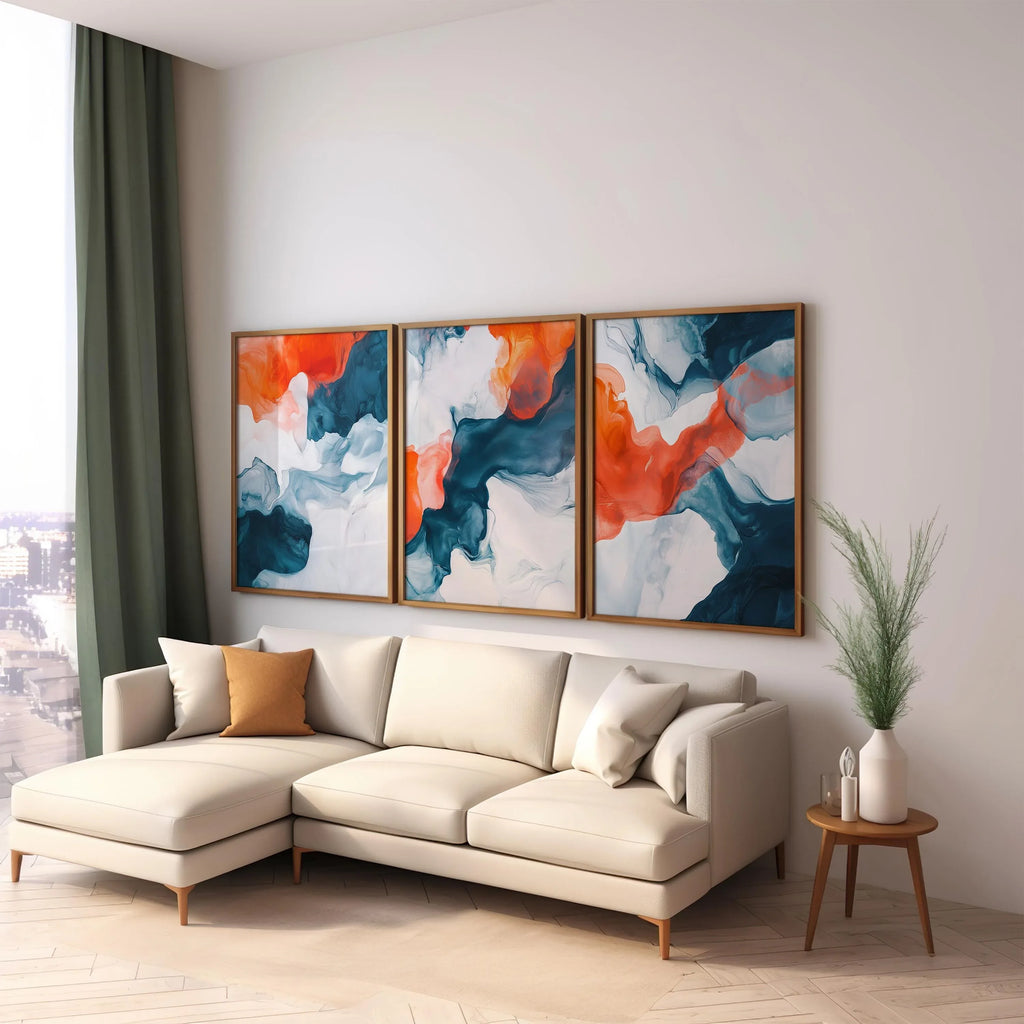 Teal and orange abstract fluid art set of 3 – modern marble-inspired wall decor panels, Black frame