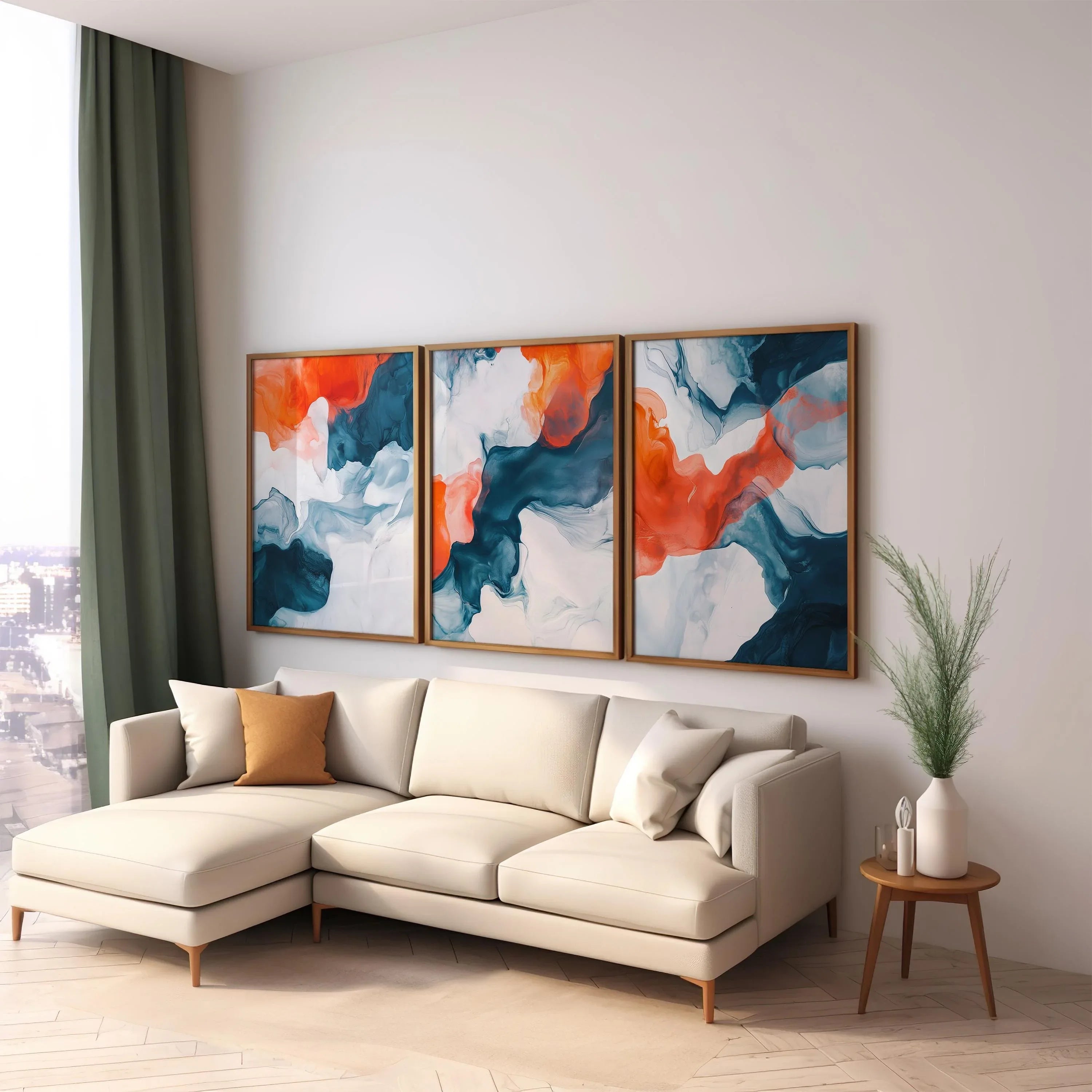 Teal and orange abstract fluid art set of 3 – modern marble-inspired wall decor panels, Black frame