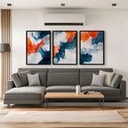 Teal and orange abstract fluid art set of 3 – modern marble-inspired wall decor panels, Dark Wood frame