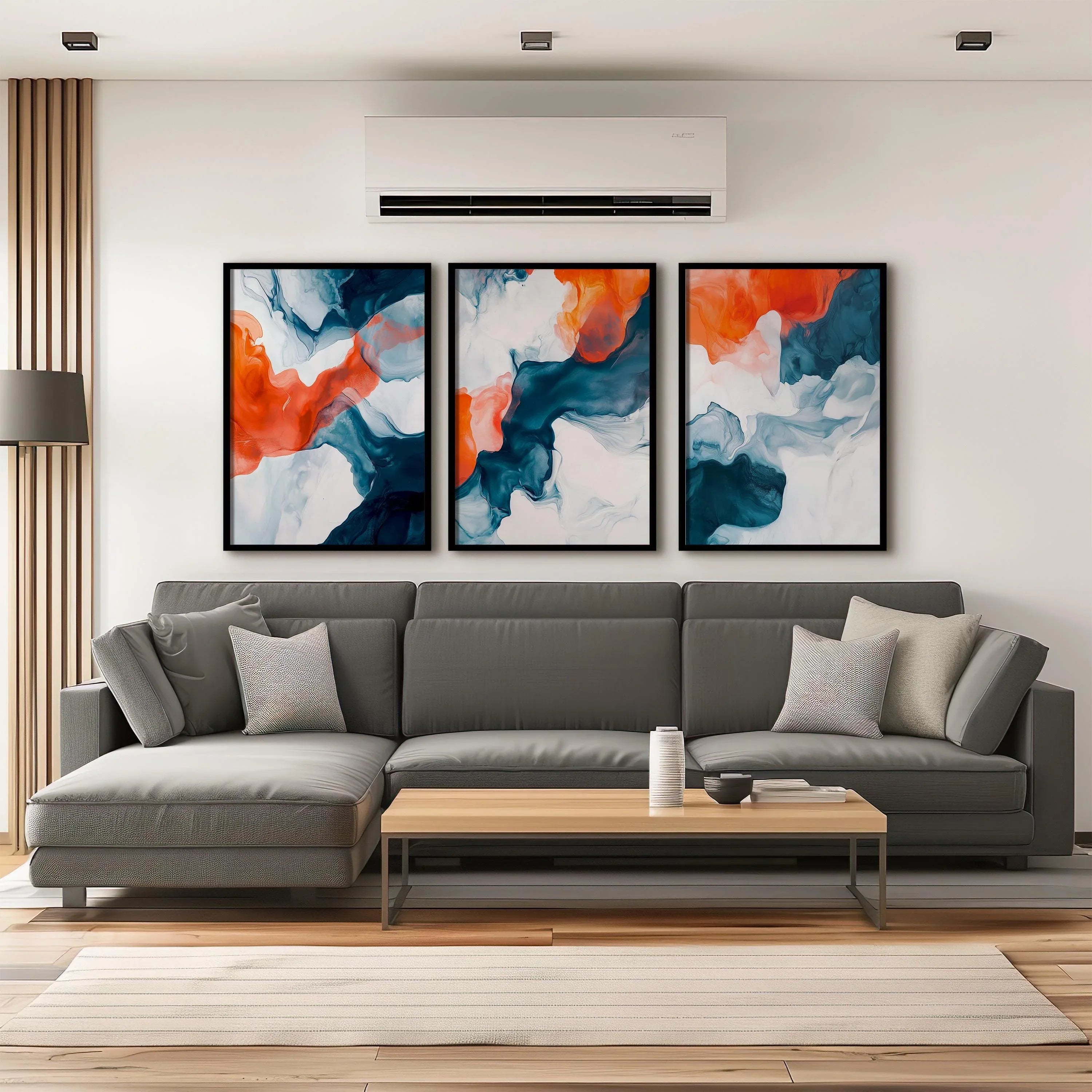 Teal and orange abstract fluid art set of 3 – modern marble-inspired wall decor panels, Dark Wood frame