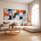 Teal and orange abstract fluid art set of 3 – modern marble-inspired wall decor panels, Natural Wood frame