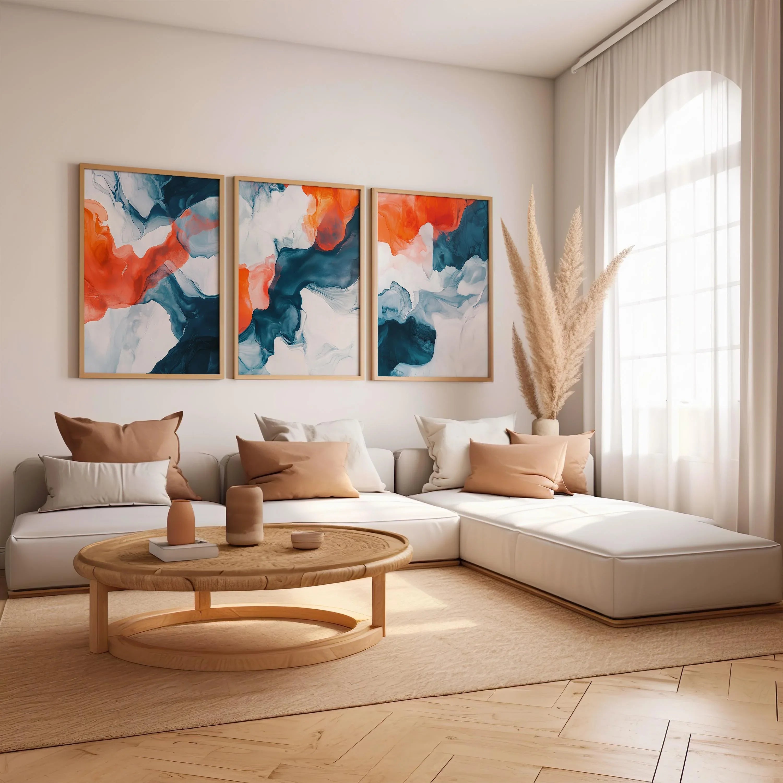 Teal and orange abstract fluid art set of 3 – modern marble-inspired wall decor panels, Natural Wood frame