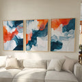 Teal and orange abstract fluid art set of 3 – modern marble-inspired wall decor panels, Natural Wood frame