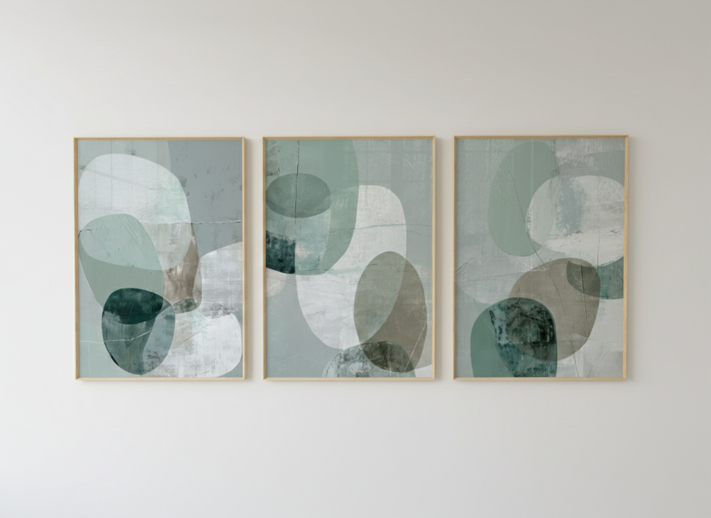 Teal Sage Abstract Geometric Wall Art Set of 3 – Minimalist Decor