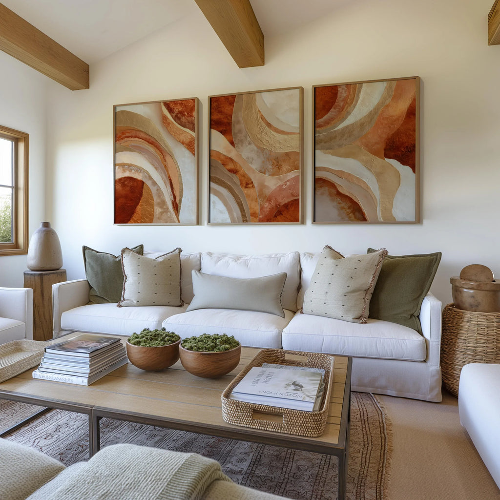 Terracotta gold arc abstract wall art set of 3 – earthy modern arches in warm orange and gold, Black frame