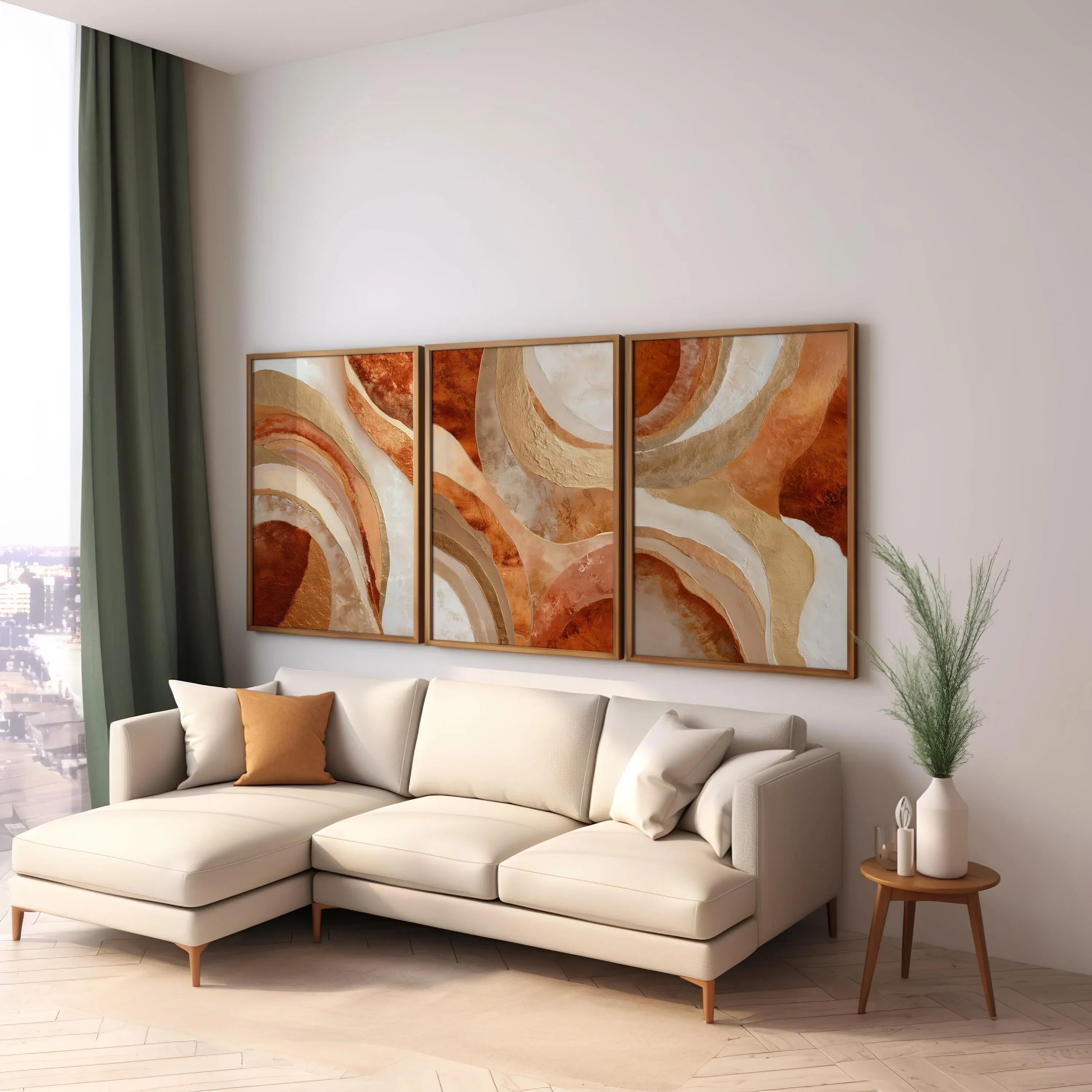 Terracotta gold arc abstract wall art set of 3 – earthy modern arches in warm orange and gold, Dark Wood frame