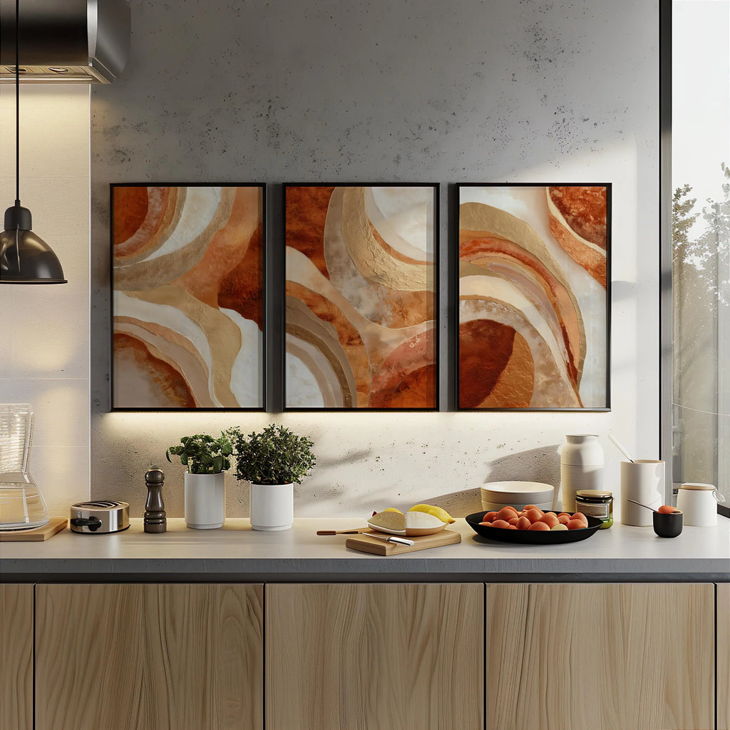 Terracotta gold arc abstract wall art set of 3 – earthy modern arches in warm orange and gold, unframed