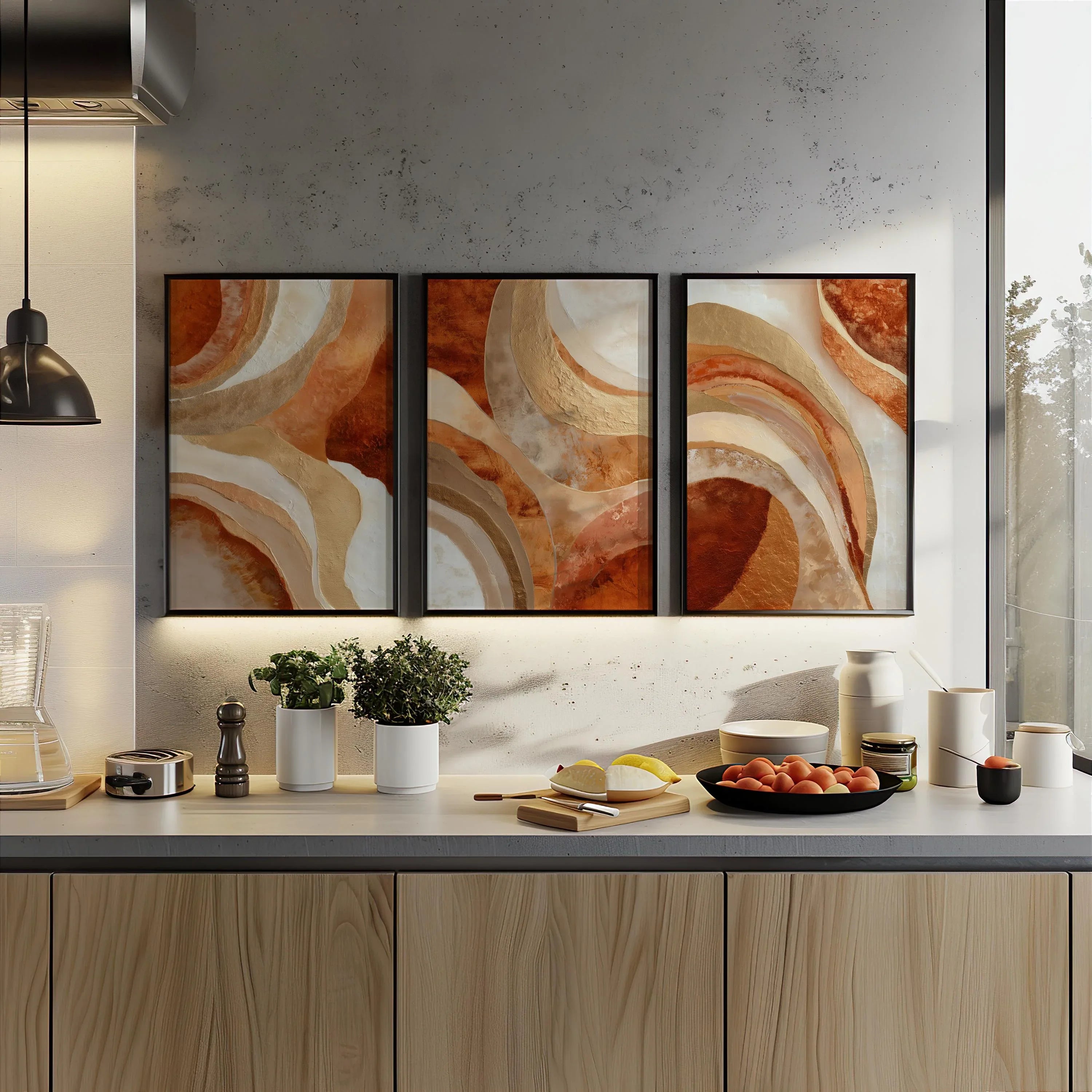 Terracotta gold arc abstract wall art set of 3 – earthy modern arches in warm orange and gold, unframed