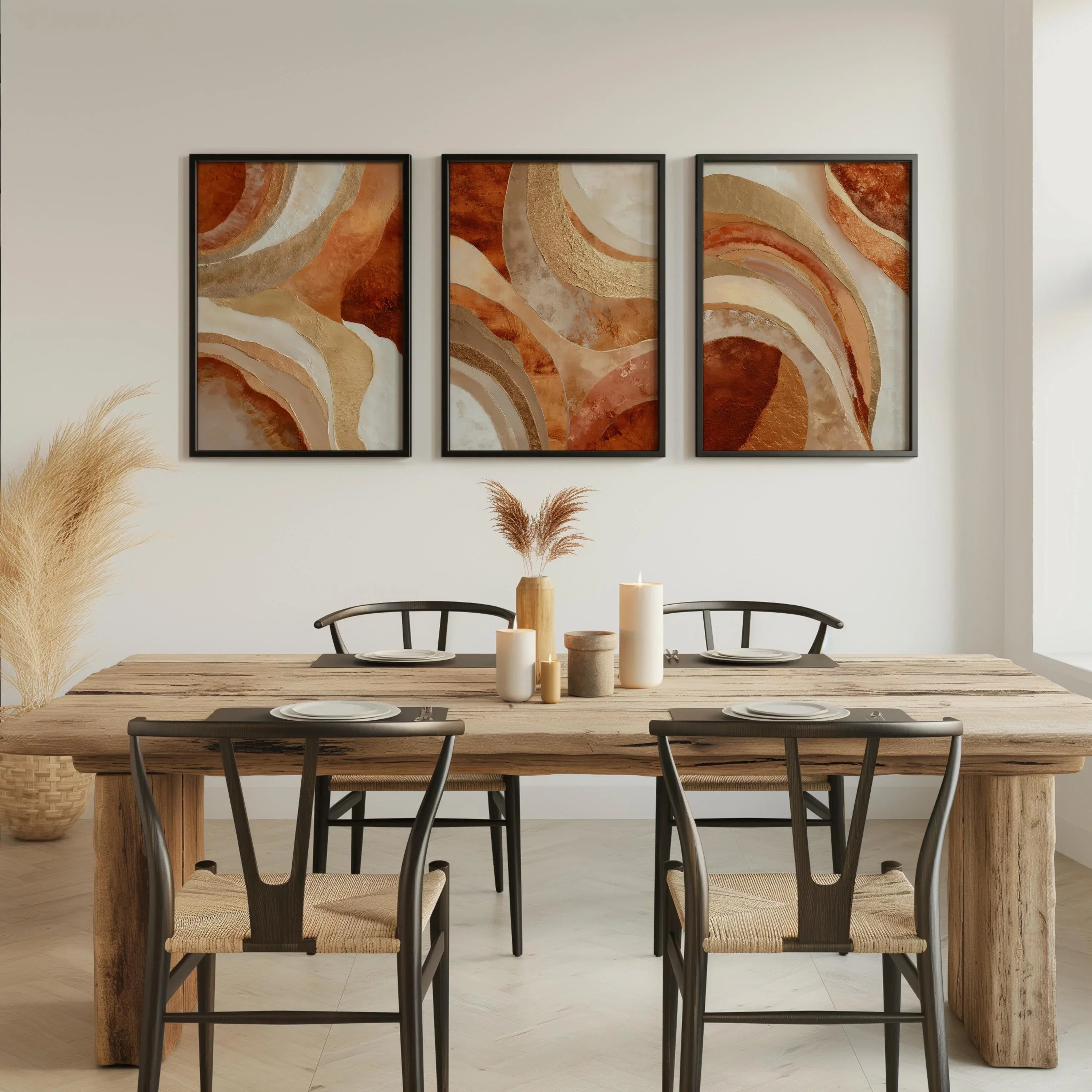 Terracotta gold arc abstract wall art set of 3 – earthy modern arches in warm orange and gold, White frame