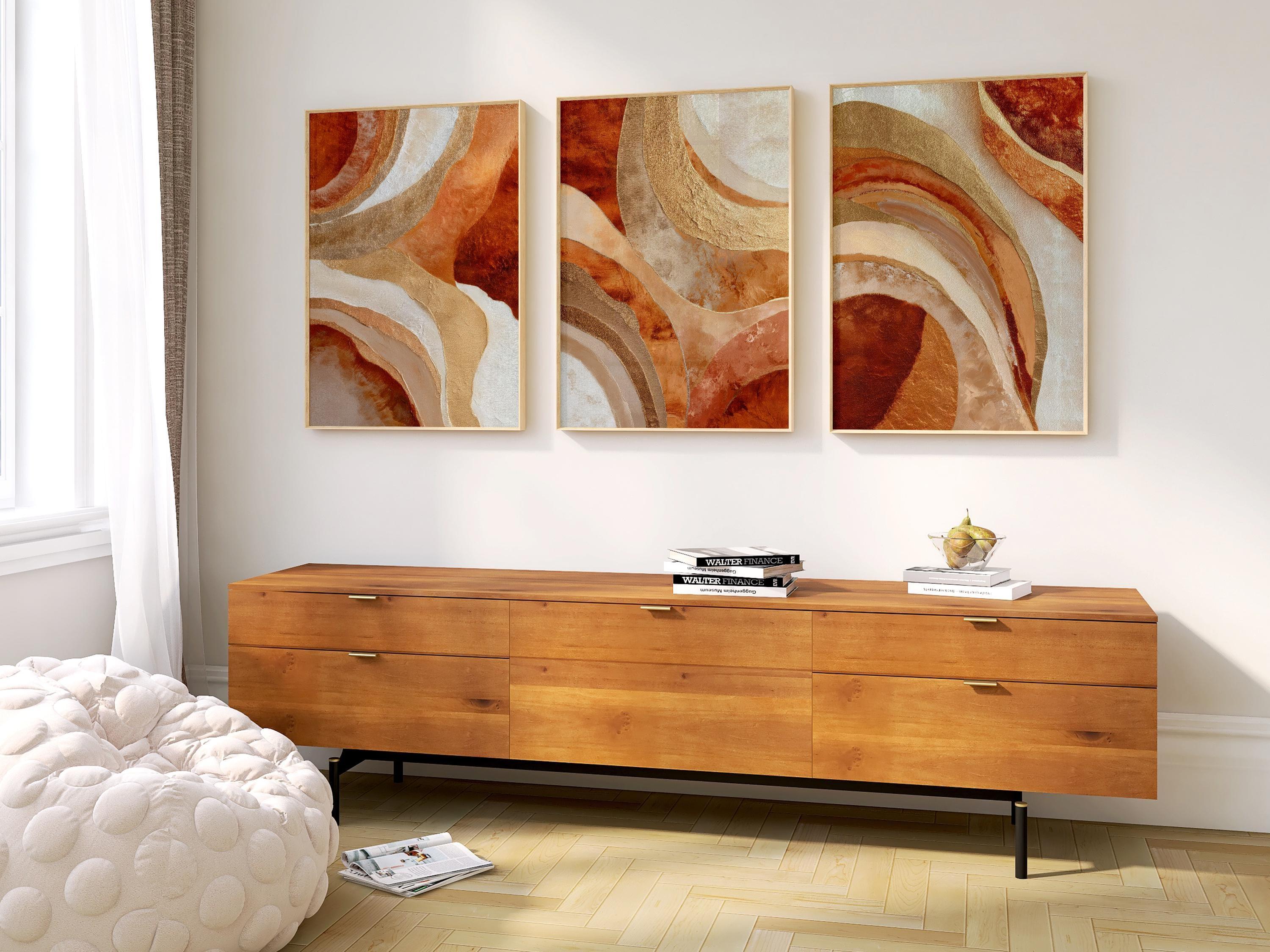 Terracotta gold arc abstract wall art set of 3 – earthy modern arches in warm orange and gold, Natural Wood frame