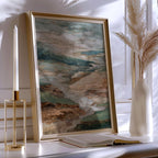 Textured neutral landscape wall art – abstract earth tone composition in sage green and beige, Black frame