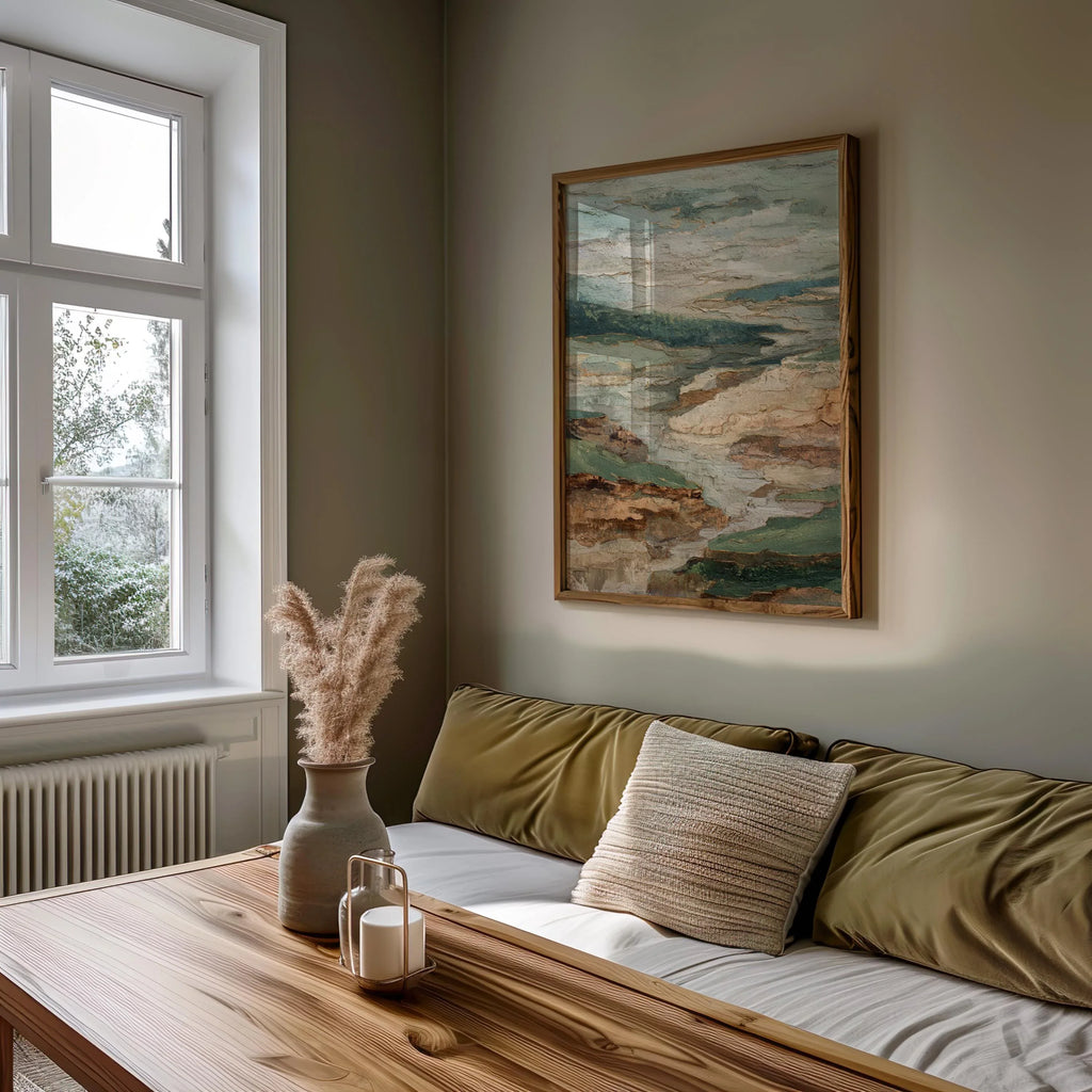 Textured neutral landscape wall art – abstract earth tone composition in sage green and beige, Dark Wood frame
