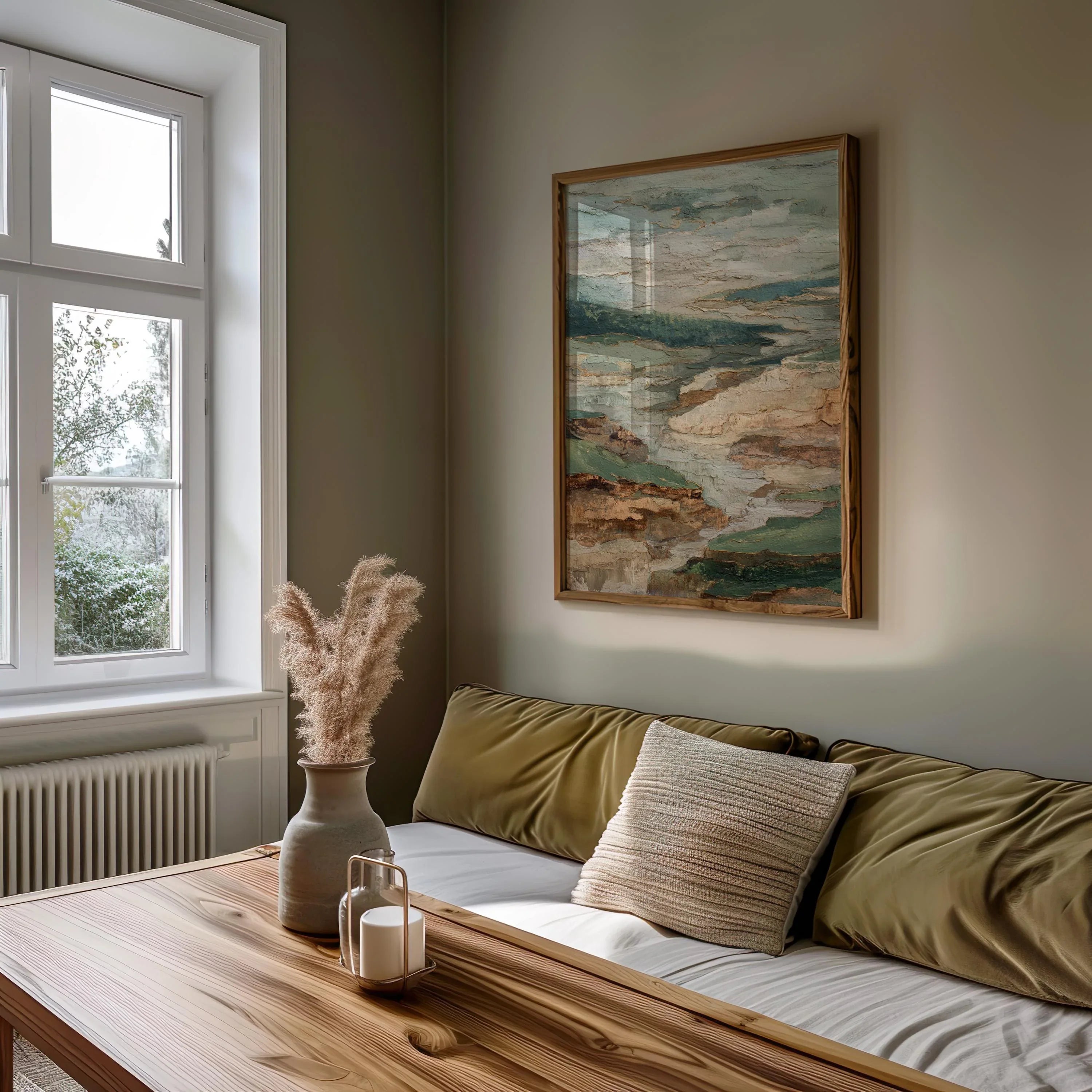 Textured neutral landscape wall art – abstract earth tone composition in sage green and beige, Dark Wood frame