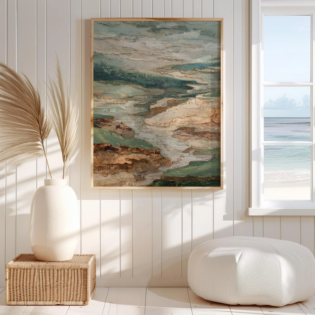 Textured neutral landscape wall art – abstract earth tone composition in sage green and beige, unframed