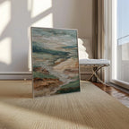 Textured neutral landscape wall art – abstract earth tone composition in sage green and beige, White frame