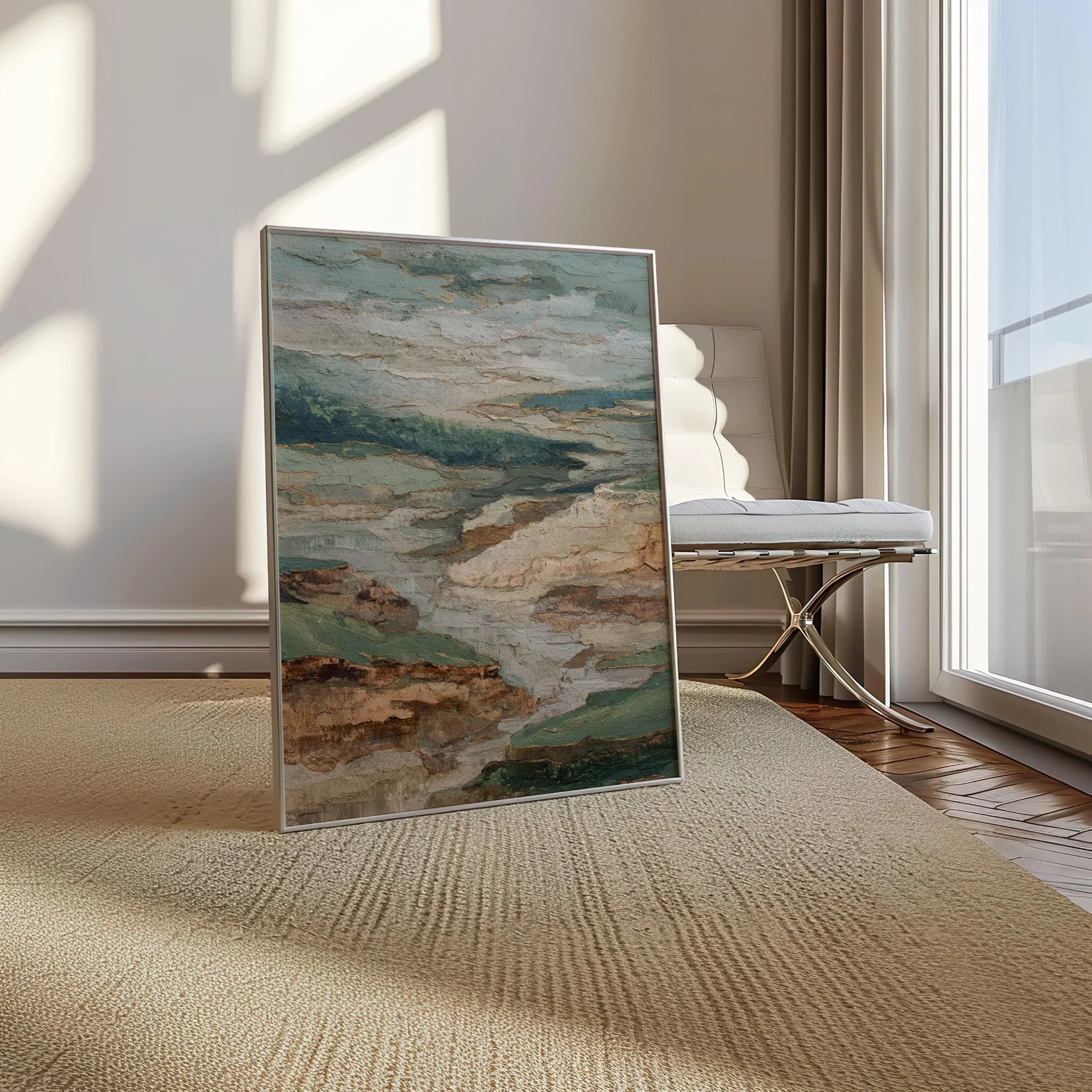 Textured neutral landscape wall art – abstract earth tone composition in sage green and beige, White frame