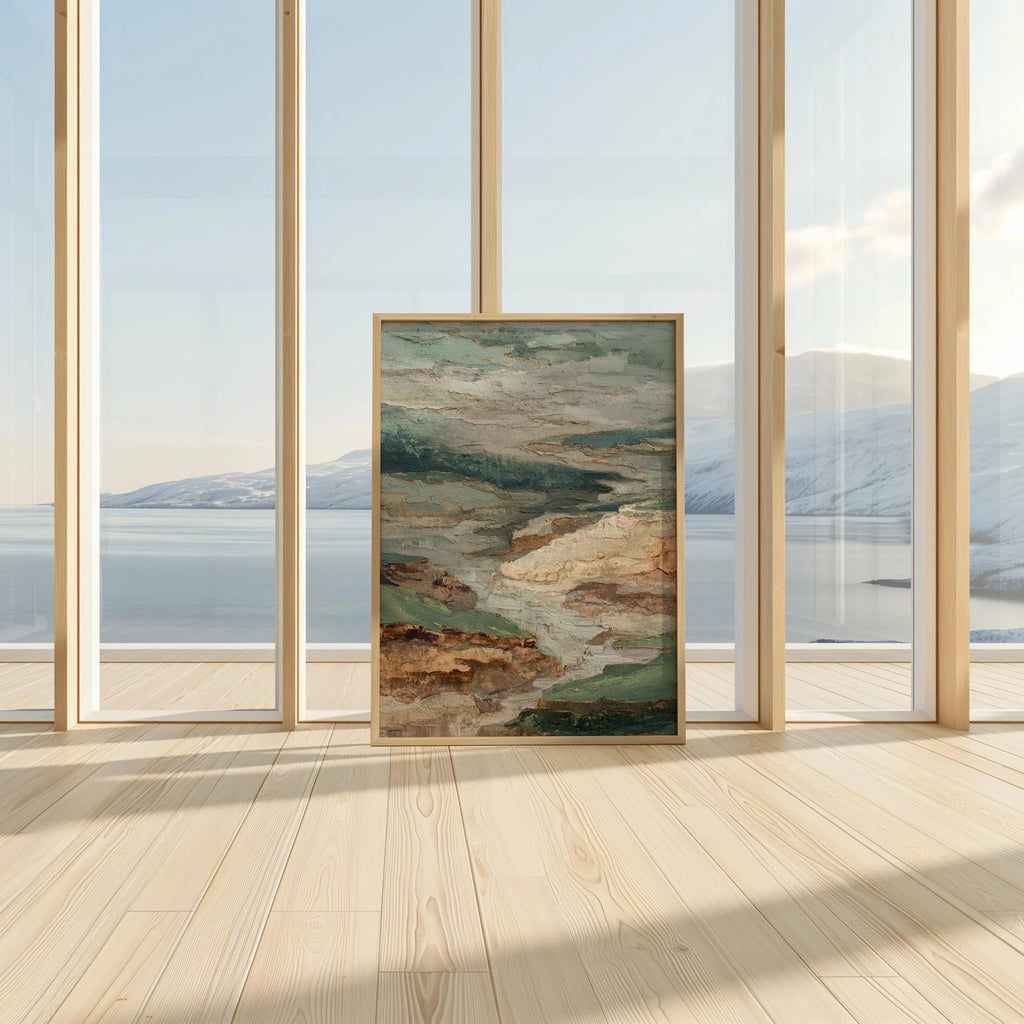 Textured neutral landscape wall art – abstract earth tone composition in sage green and beige, Black frame