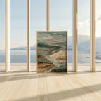 Textured neutral landscape wall art – abstract earth tone composition in sage green and beige, Black frame
