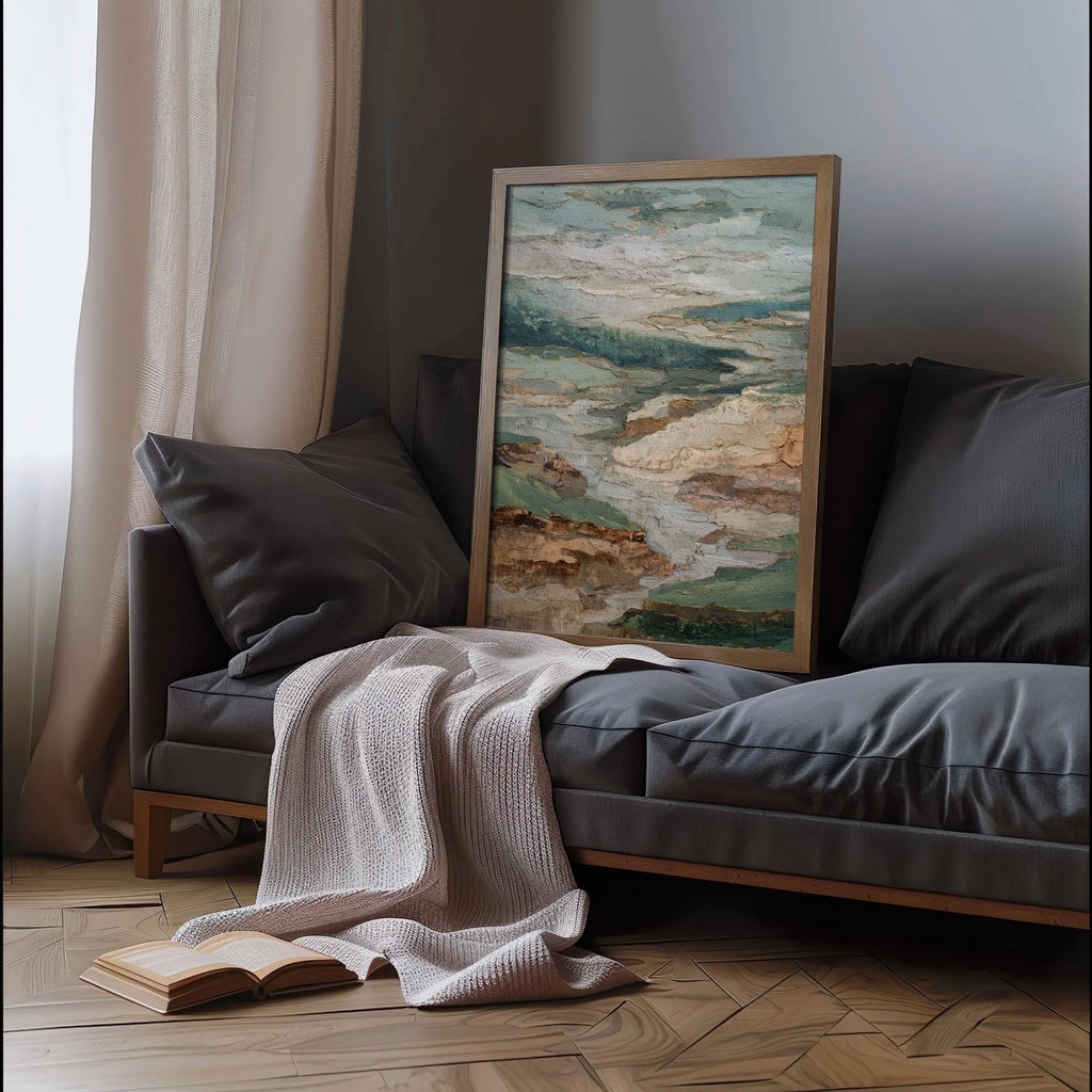 Textured neutral landscape wall art – abstract earth tone composition in sage green and beige, Dark Wood frame