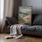 Textured neutral landscape wall art – abstract earth tone composition in sage green and beige, Dark Wood frame