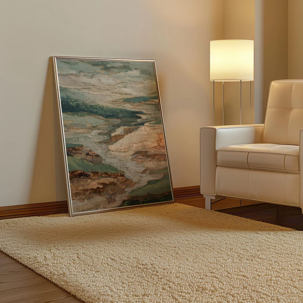 Textured neutral landscape wall art – abstract earth tone composition in sage green and beige, Natural Wood frame