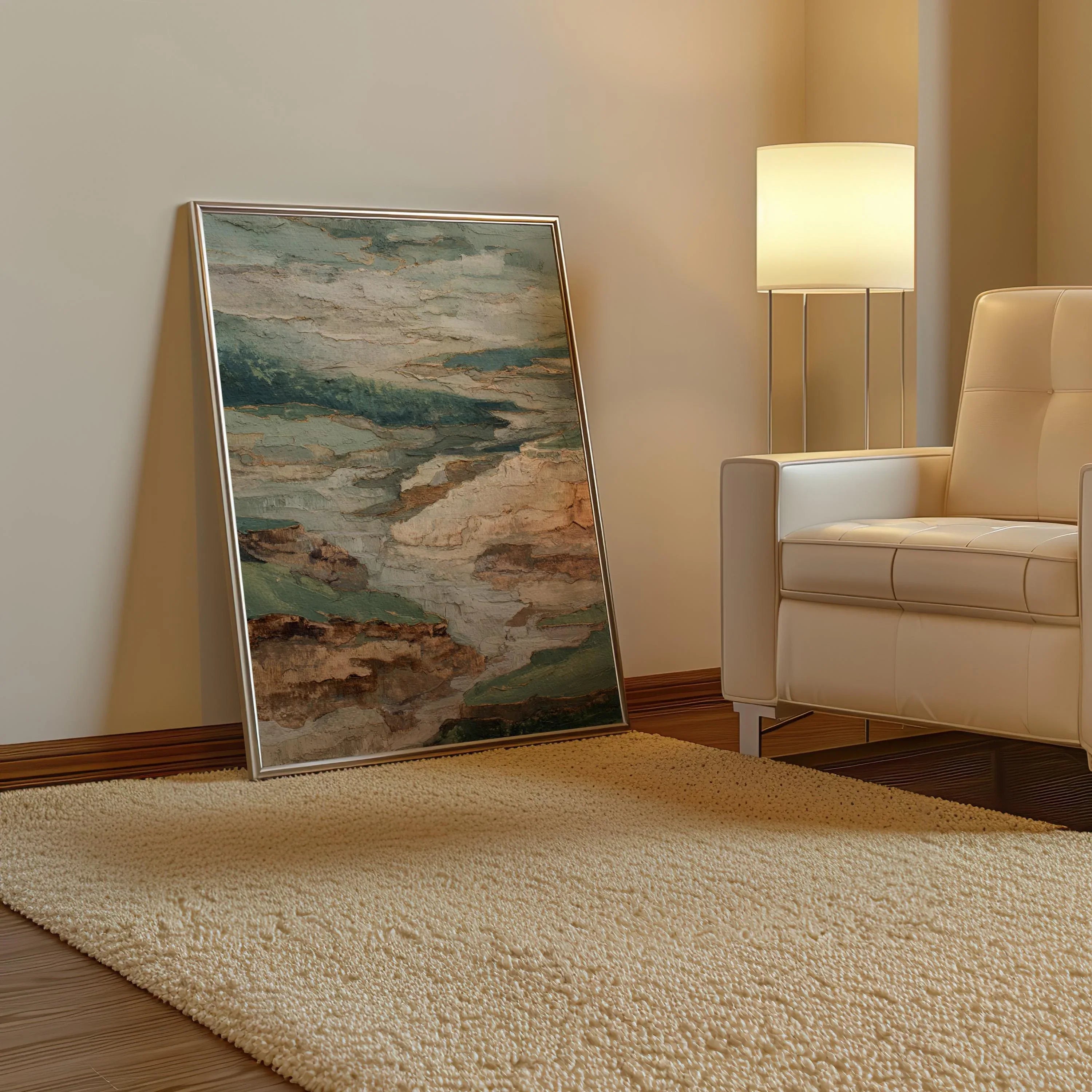 Textured neutral landscape wall art – abstract earth tone composition in sage green and beige, Natural Wood frame