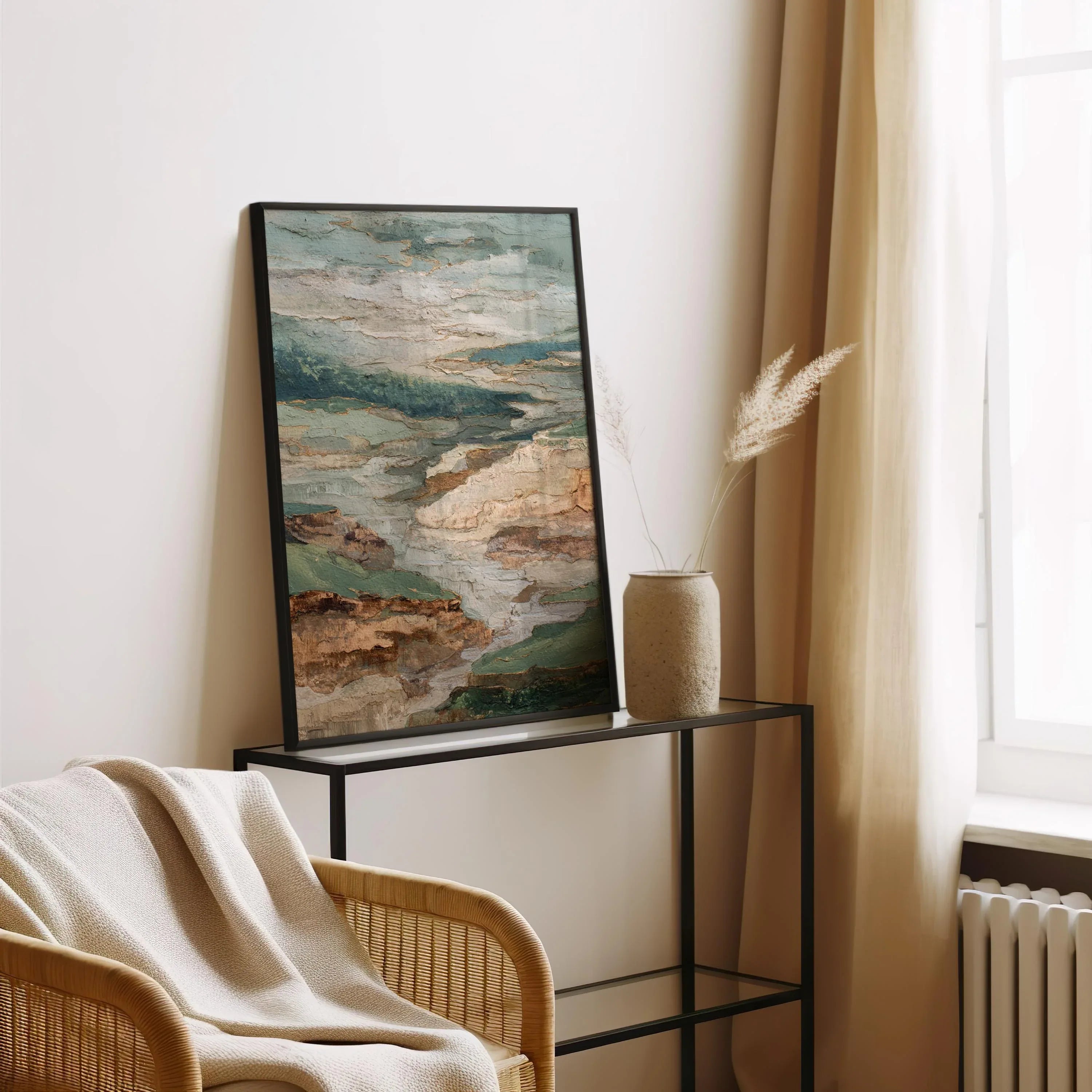 Textured neutral landscape wall art – abstract earth tone composition in sage green and beige, unframed