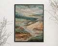 Textured neutral landscape wall art – abstract earth tone composition in sage green and beige, Natural Wood frame