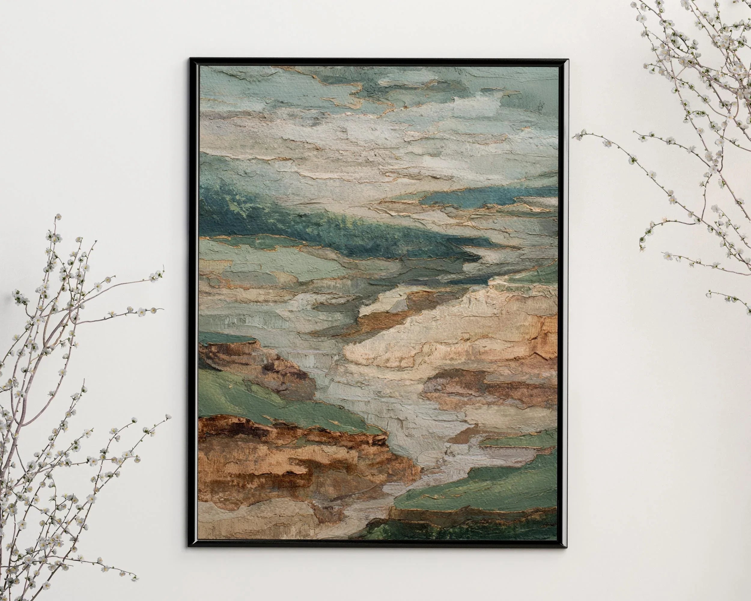 Textured neutral landscape wall art – abstract earth tone composition in sage green and beige, Natural Wood frame