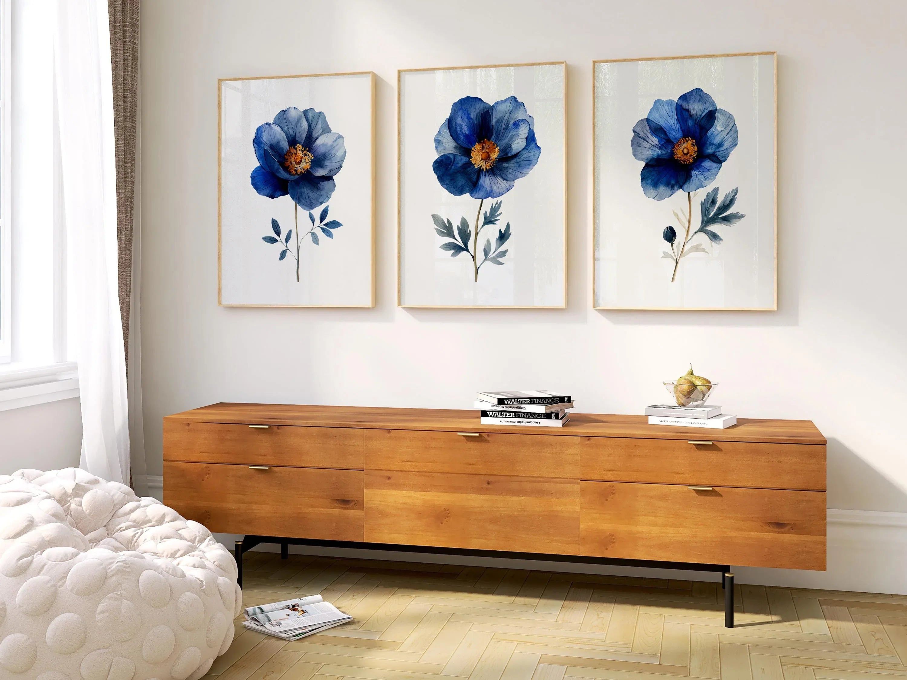 Indigo blue and grey floral watercolor wall art trio – serene botanical blossoms set of 3, Black frame