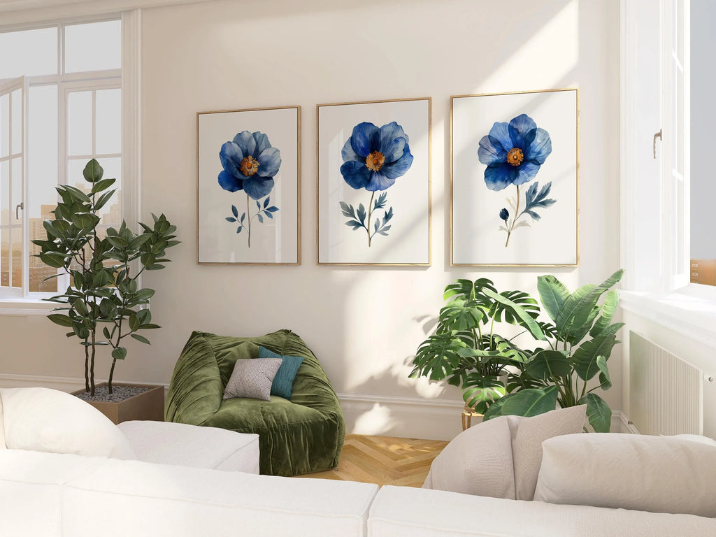 Indigo blue and grey floral watercolor wall art trio – serene botanical blossoms set of 3, Dark Wood frame