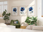 Indigo blue and grey floral watercolor wall art trio – serene botanical blossoms set of 3, Dark Wood frame