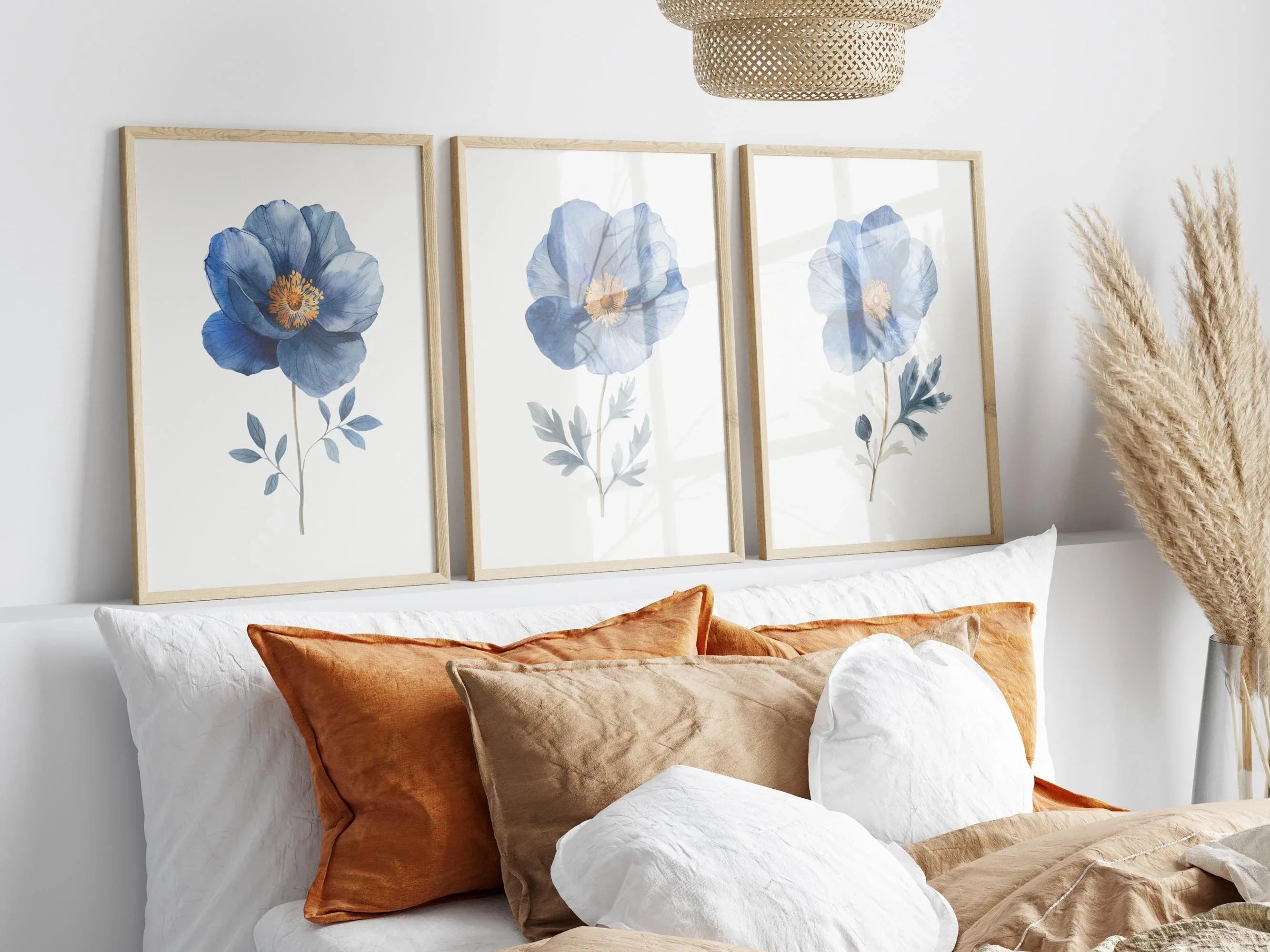 Indigo blue and grey floral watercolor wall art trio – serene botanical blossoms set of 3, unframed