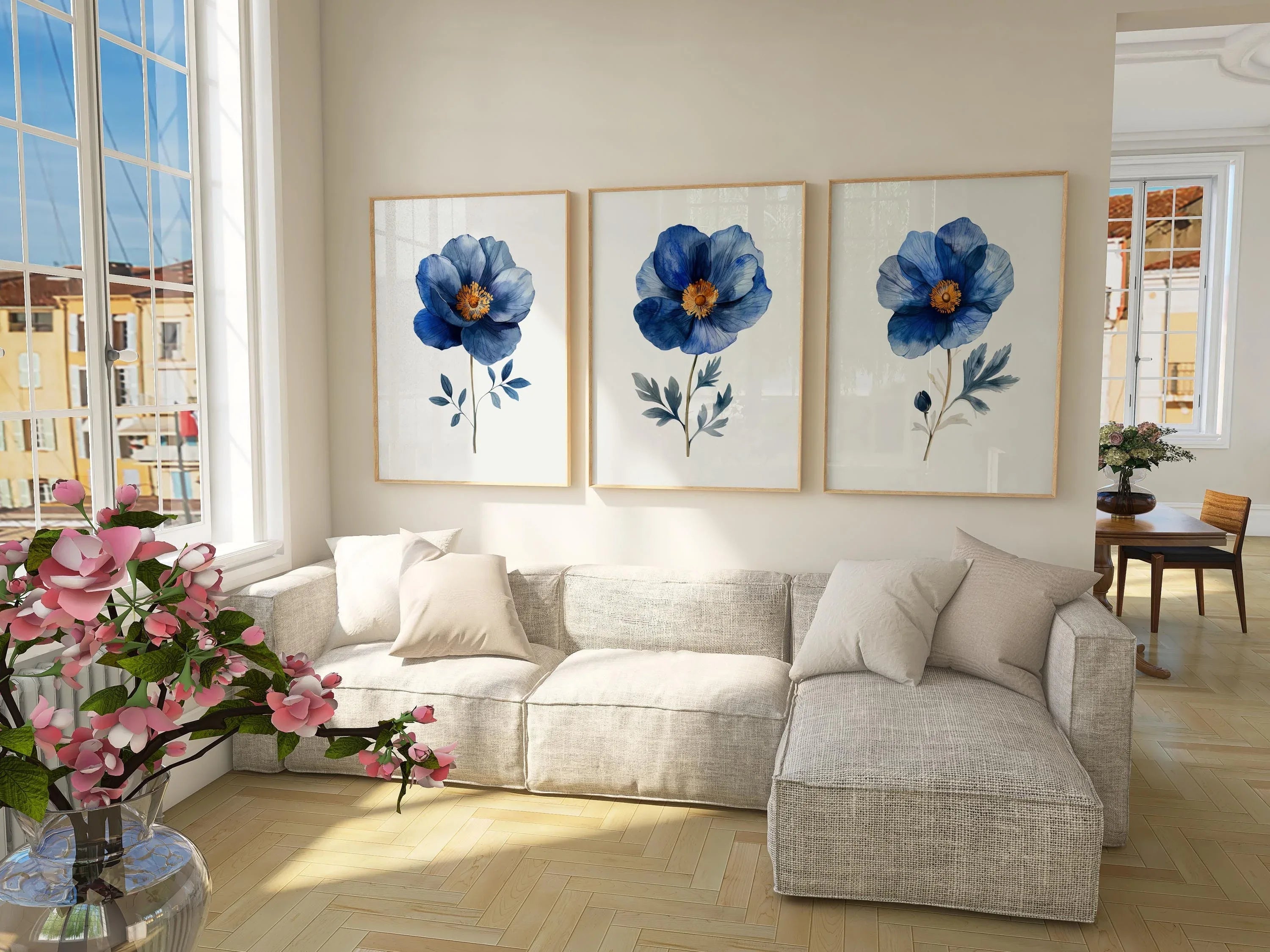 Indigo blue and grey floral watercolor wall art trio – serene botanical blossoms set of 3, White frame