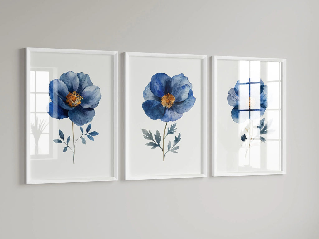 Indigo blue and grey floral watercolor wall art trio – serene botanical blossoms set of 3, Black frame