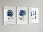 Indigo blue and grey floral watercolor wall art trio – serene botanical blossoms set of 3, Black frame